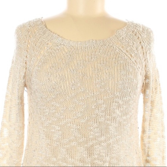 Maxumi size M ivory tan BOHO slubbed knit A-line lace bottom pullover sweater - Picture 3 of 13